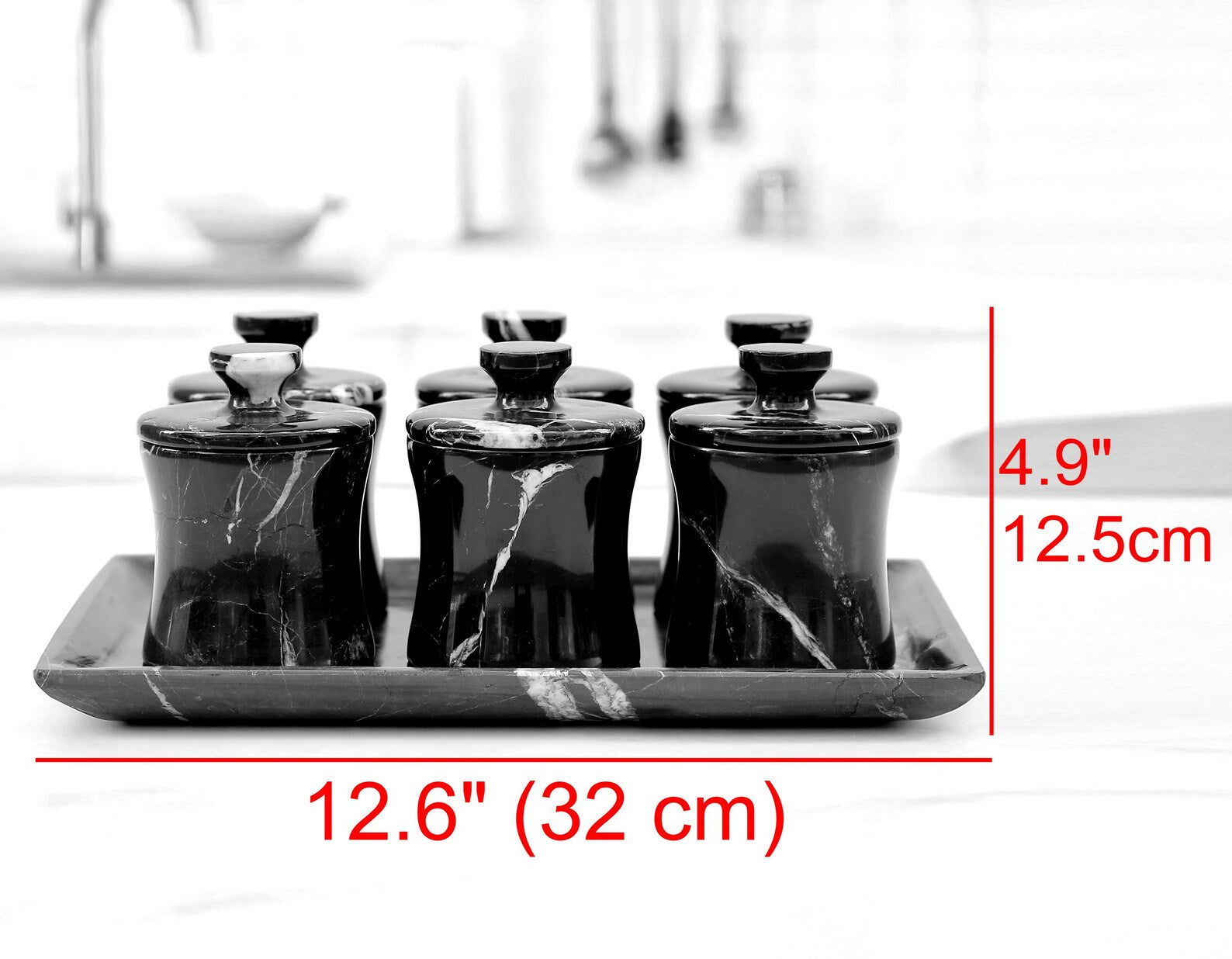 CLEMENZA 7-Piece Handmade Black Marble Spice Jar Set with Tray – Elegant Canisters with Lid – Tall Design | Ege Home Decor