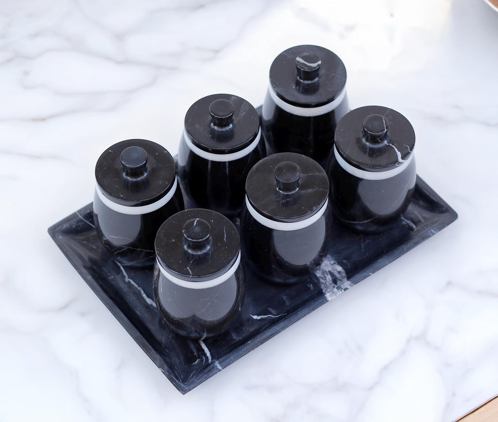 DOMINA 7-Piece Handcrafted Black Marble Spice Jar Set with Tray – Luxury Canisters with Lid - Type A