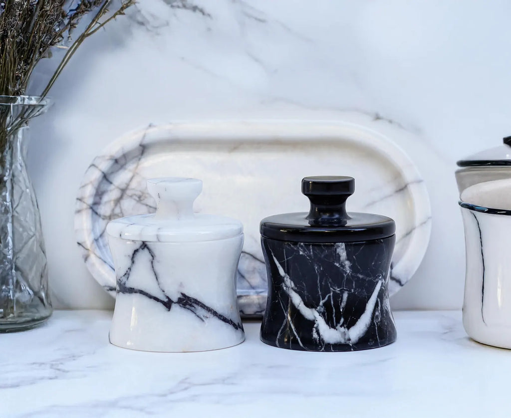 CLEMENZA 3-Piece Handmade Marble Jar Set with Tray – Black & White Marble Salt Cellar | Ege Home Decor