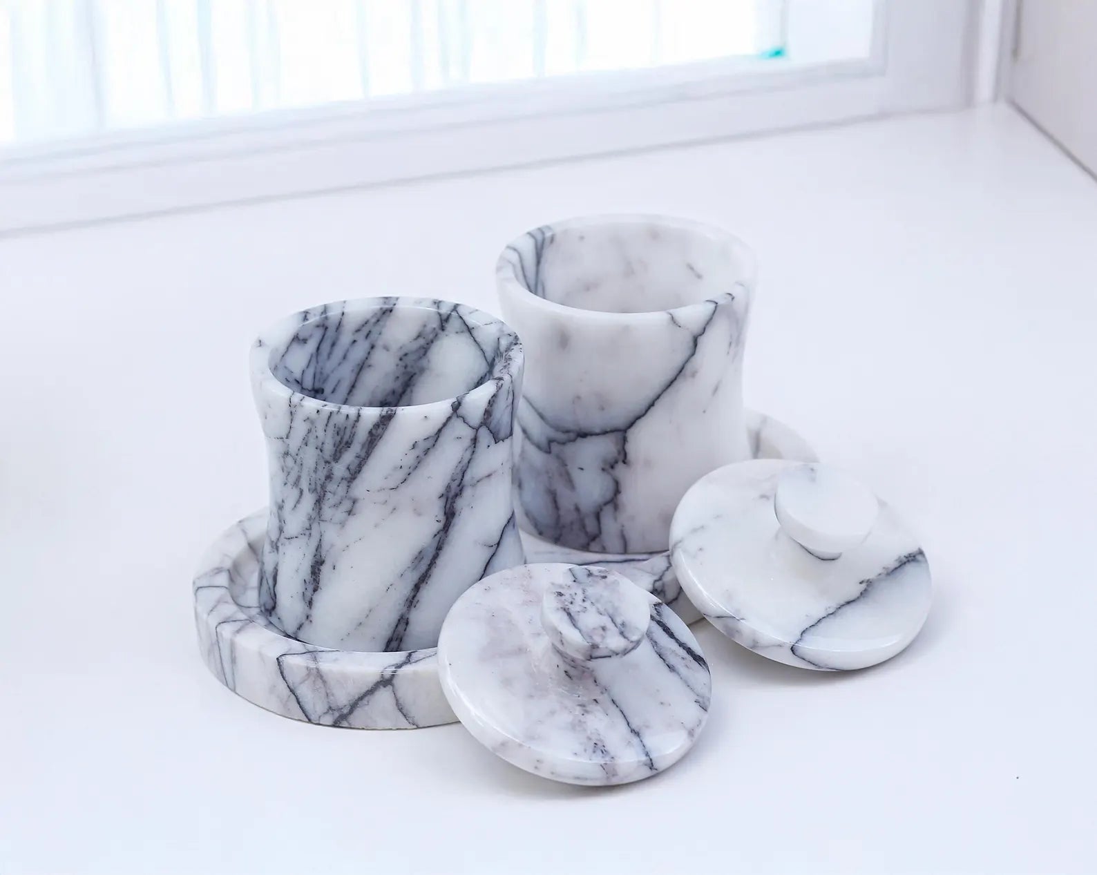 CLEMENZA 3-Piece Veined White Marble Jar Set with Tray – Salt, Sugar, and Spice Storage | Ege Home Decor