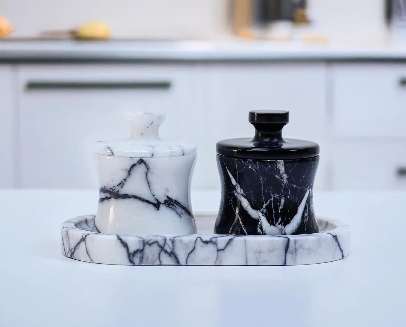 CLEMENZA 3-Piece Handmade Marble Jar Set with Tray – Black & White Marble Salt Cellar | Ege Home Decor