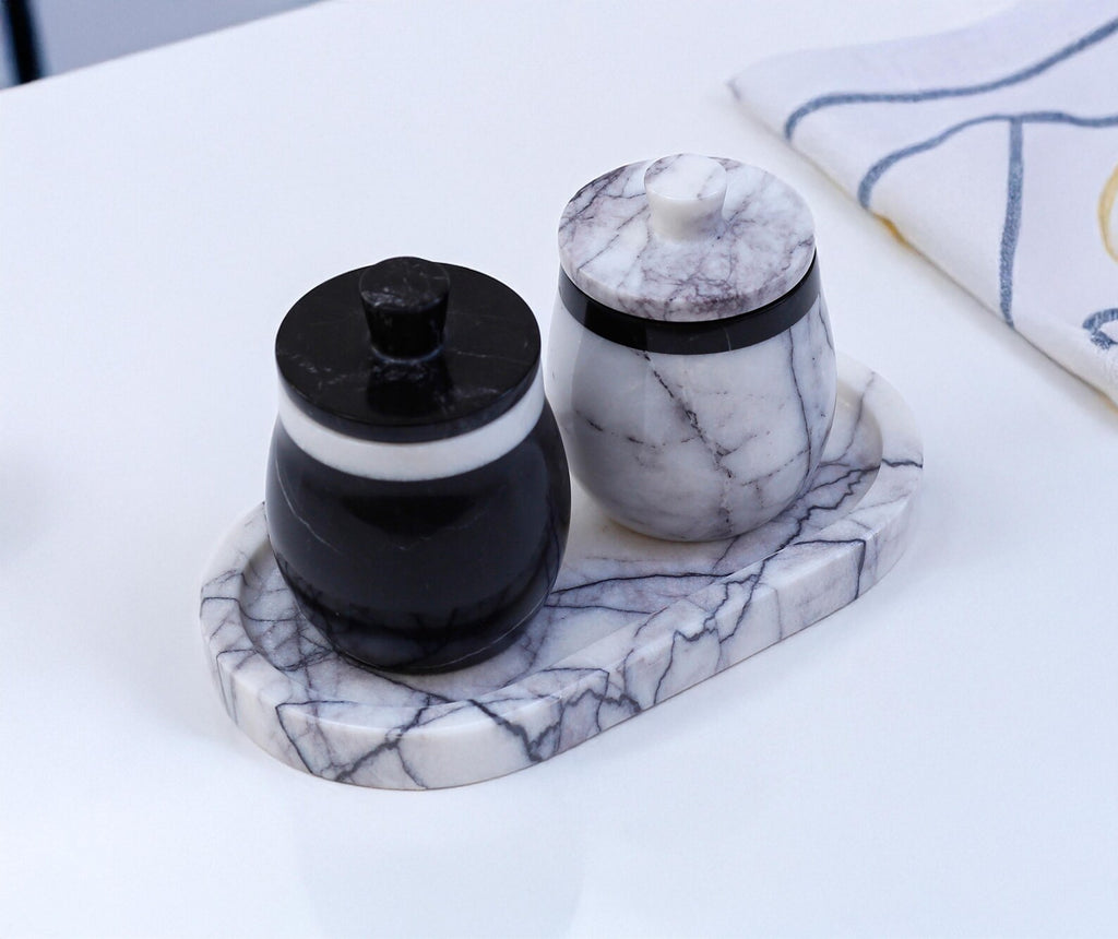 DOMINA 3-Piece Veined White & Black Marble Jar Set with Tray – Salt Cellar & Sugar Pot | Ege Home Decor