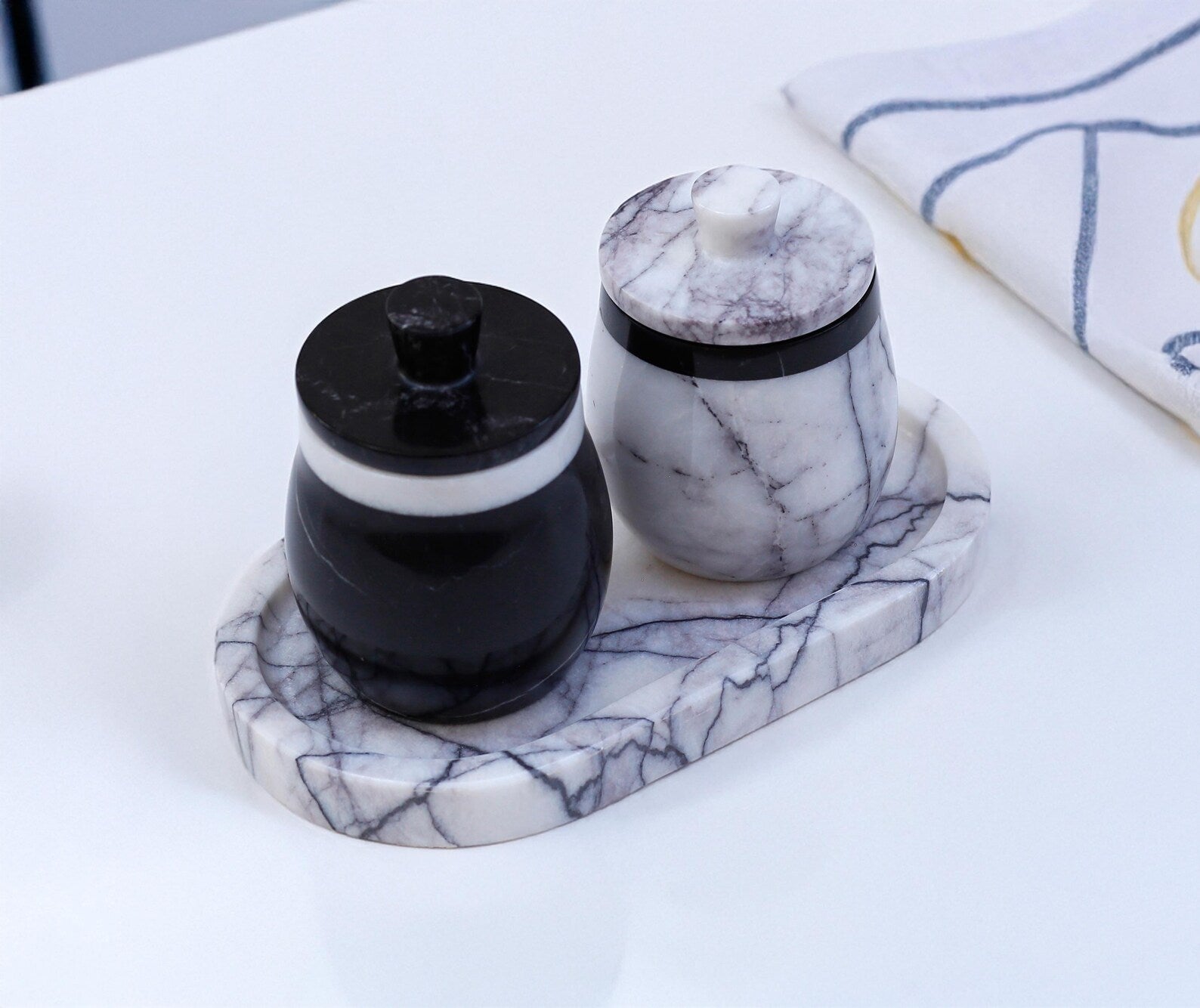 DOMINA 3-Piece Veined White & Black Marble Jar Set with Tray – Salt Cellar & Sugar Pot | Ege Home Decor