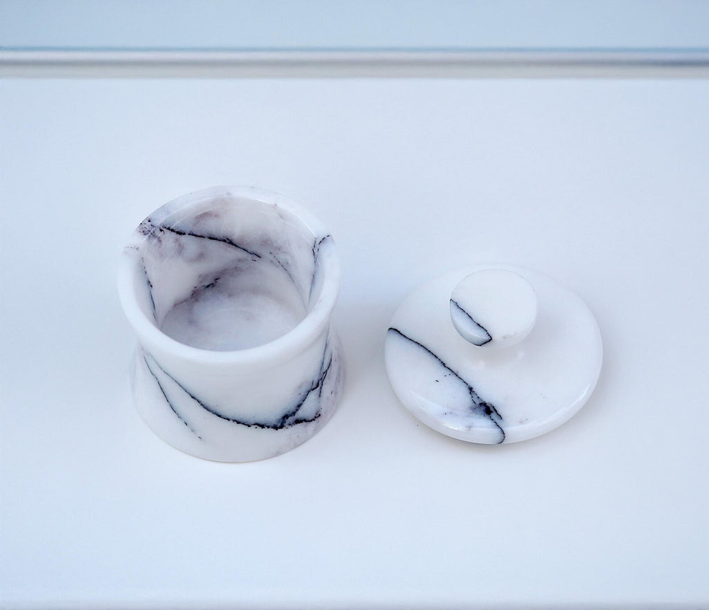 CLEMENZA Veined White Marble Spice Jar with Lid – Handmade Marble Canister, Stone Salt Cellar – Compact Design | Ege Home Decor