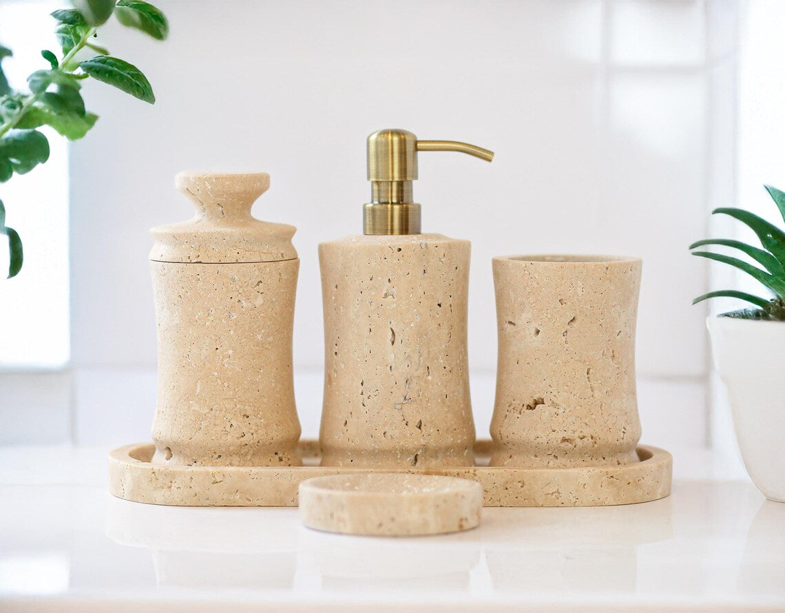 CAELUM 5-Piece Luxury Travertine Marble Bathroom Accessories Set with Stainless Steel Pump | Ege Home Decor