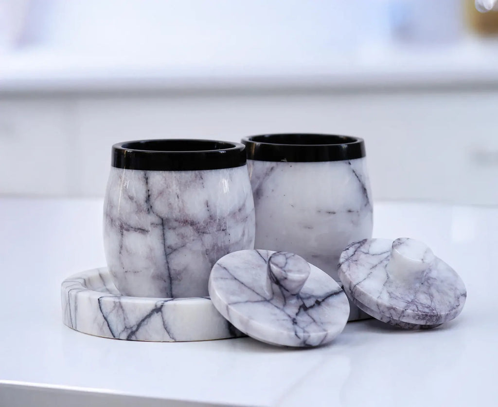 DOMINA 3-Piece Veined White Marble Jar Set with Tray – Handmade Salt Cellar & Sugar Pot | Ege Home Decor