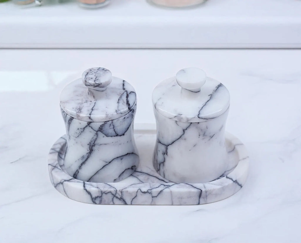 CLEMENZA 3-Piece Veined White Marble Jar Set with Tray – Salt, Sugar, and Spice Storage | Ege Home Decor