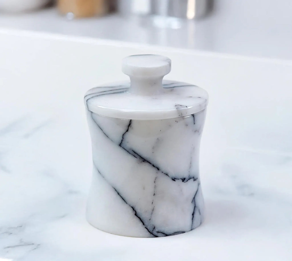 CLEMENZA Veined White Marble Spice Canister – Handcrafted Marble Jar with Lid, Stone Salt Cellar – Tall Design | Ege Home Decor