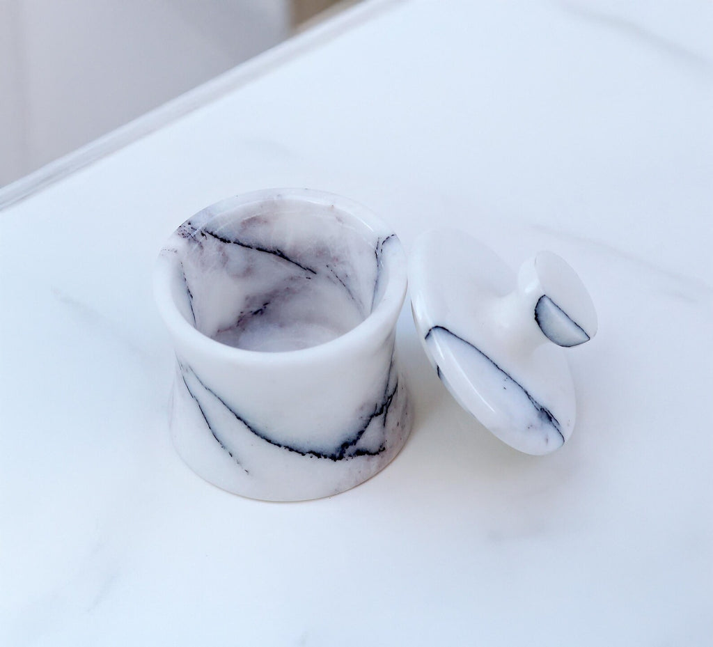 CLEMENZA Veined White Marble Spice Jar with Lid – Handmade Marble Canister, Stone Salt Cellar – Compact Design | Ege Home Decor