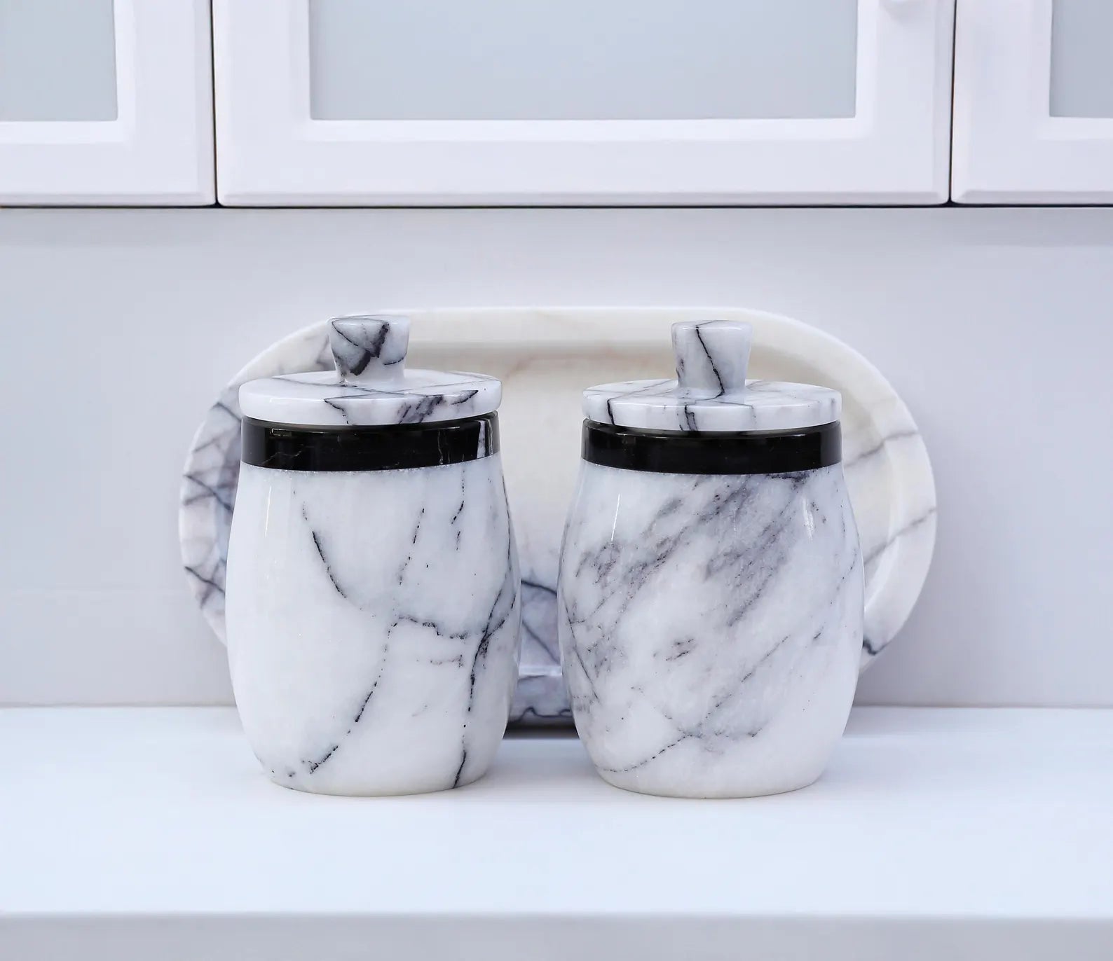 DOMINA 3-Piece Veined White Marble Jar Set with Tray – Handmade Salt Cellar & Sugar Pot | Ege Home Decor