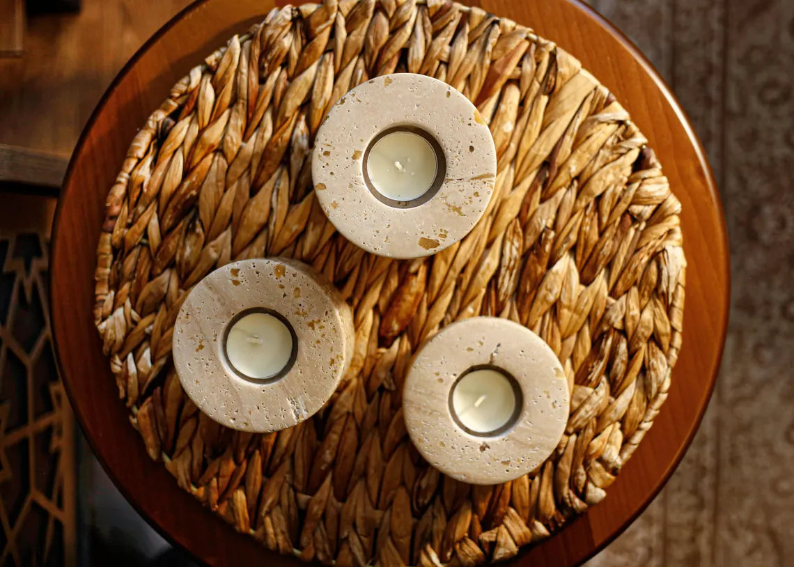 ASTRAEA Handmade Travertine Tealight Holder Set – Minimalist Stone Candle Decor | Ege Home Decor