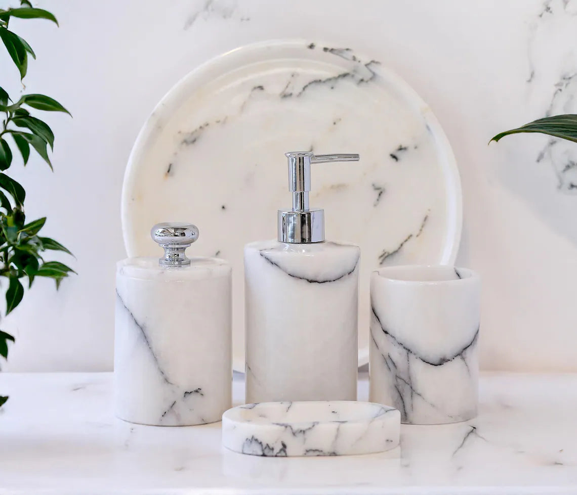 AURUM Luxury Veined White Marble 5-Piece Bathroom Accessories Set | Ege Home Decor