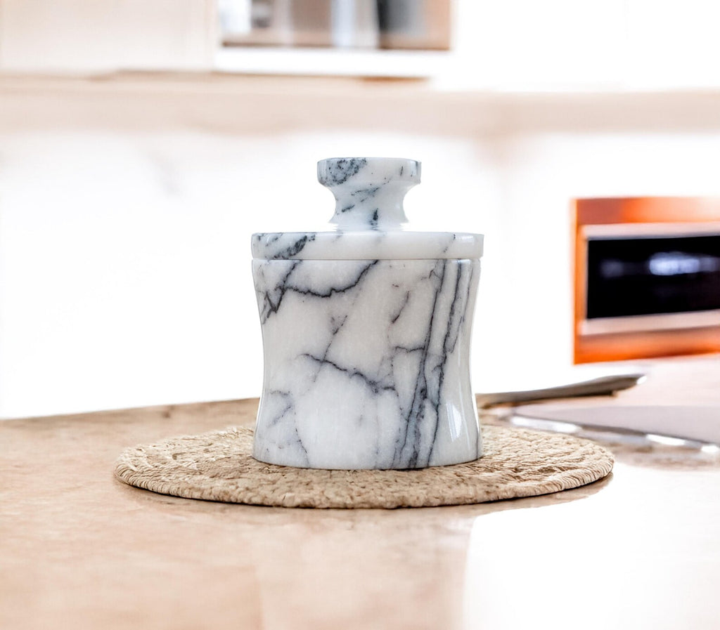 CLEMENZA Veined White Marble Spice Jar with Lid – Handmade Marble Canister, Stone Salt Cellar – Compact Design | Ege Home Decor