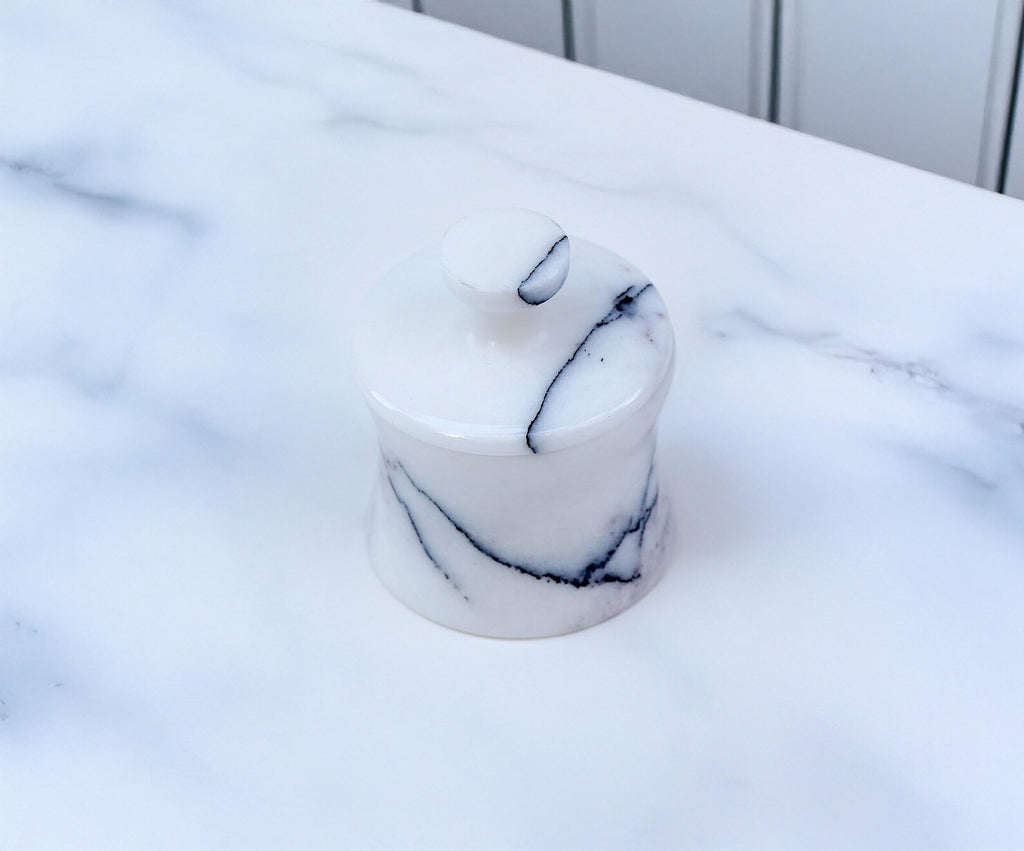 CLEMENZA Veined White Marble Spice Jar with Lid – Handmade Marble Canister, Stone Salt Cellar – Compact Design | Ege Home Decor