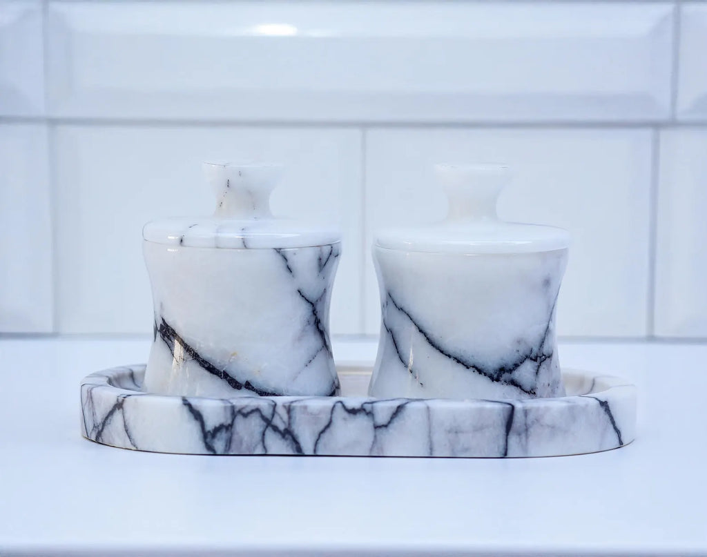 CLEMENZA 3-Piece Veined White Marble Jar Set with Tray – Salt, Sugar, and Spice Storage | Ege Home Decor