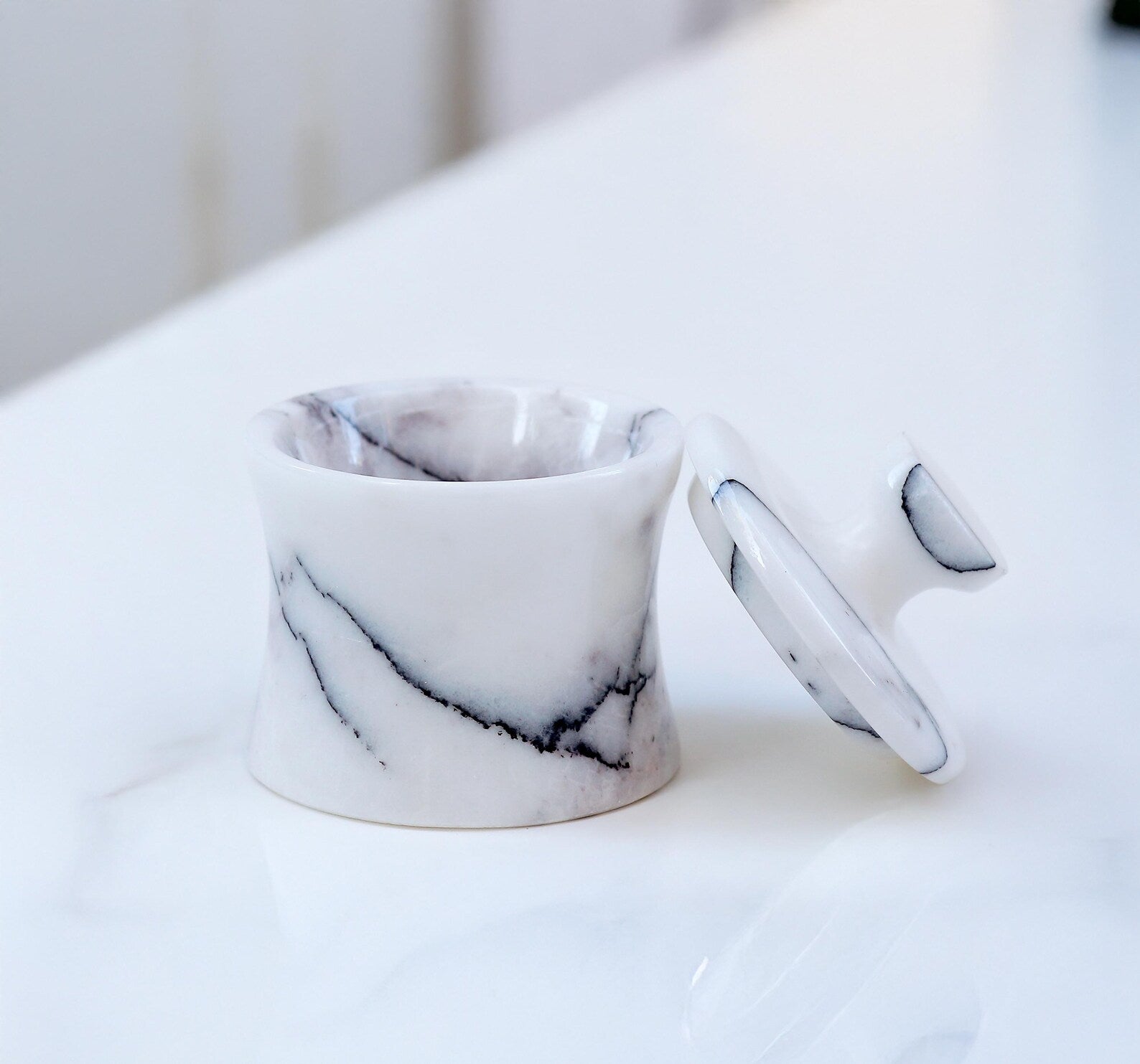 CLEMENZA Veined White Marble Spice Jar with Lid – Handmade Marble Canister, Stone Salt Cellar – Compact Design | Ege Home Decor