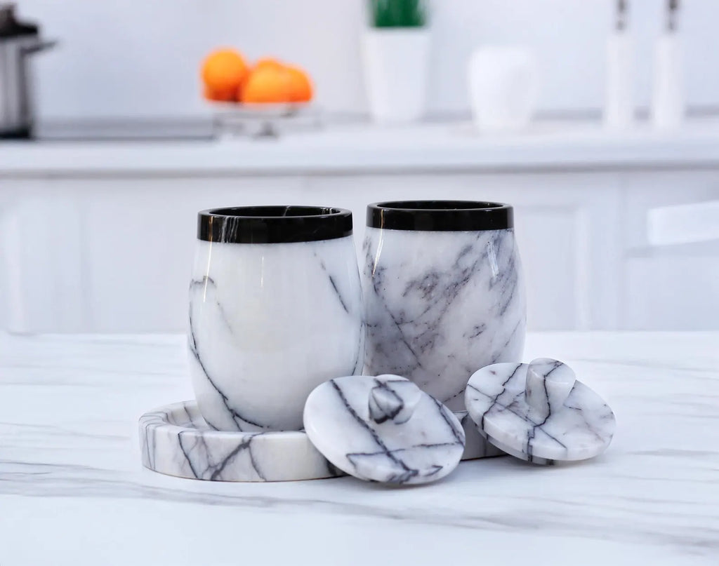 DOMINA 3-Piece Veined White Marble Jar Set with Tray – Handmade Salt Cellar & Sugar Pot | Ege Home Decor