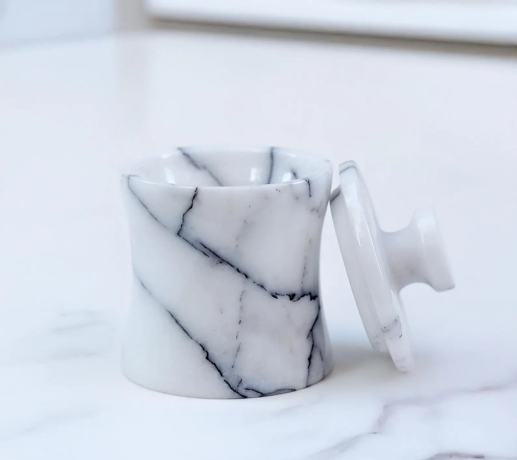 CLEMENZA Veined White Marble Spice Canister – Handcrafted Marble Jar with Lid, Stone Salt Cellar – Tall Design | Ege Home Decor