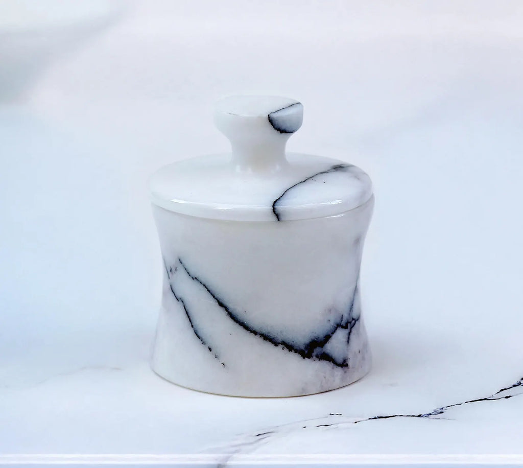 CLEMENZA Veined White Marble Spice Jar with Lid – Handmade Marble Canister, Stone Salt Cellar – Compact Design | Ege Home Decor