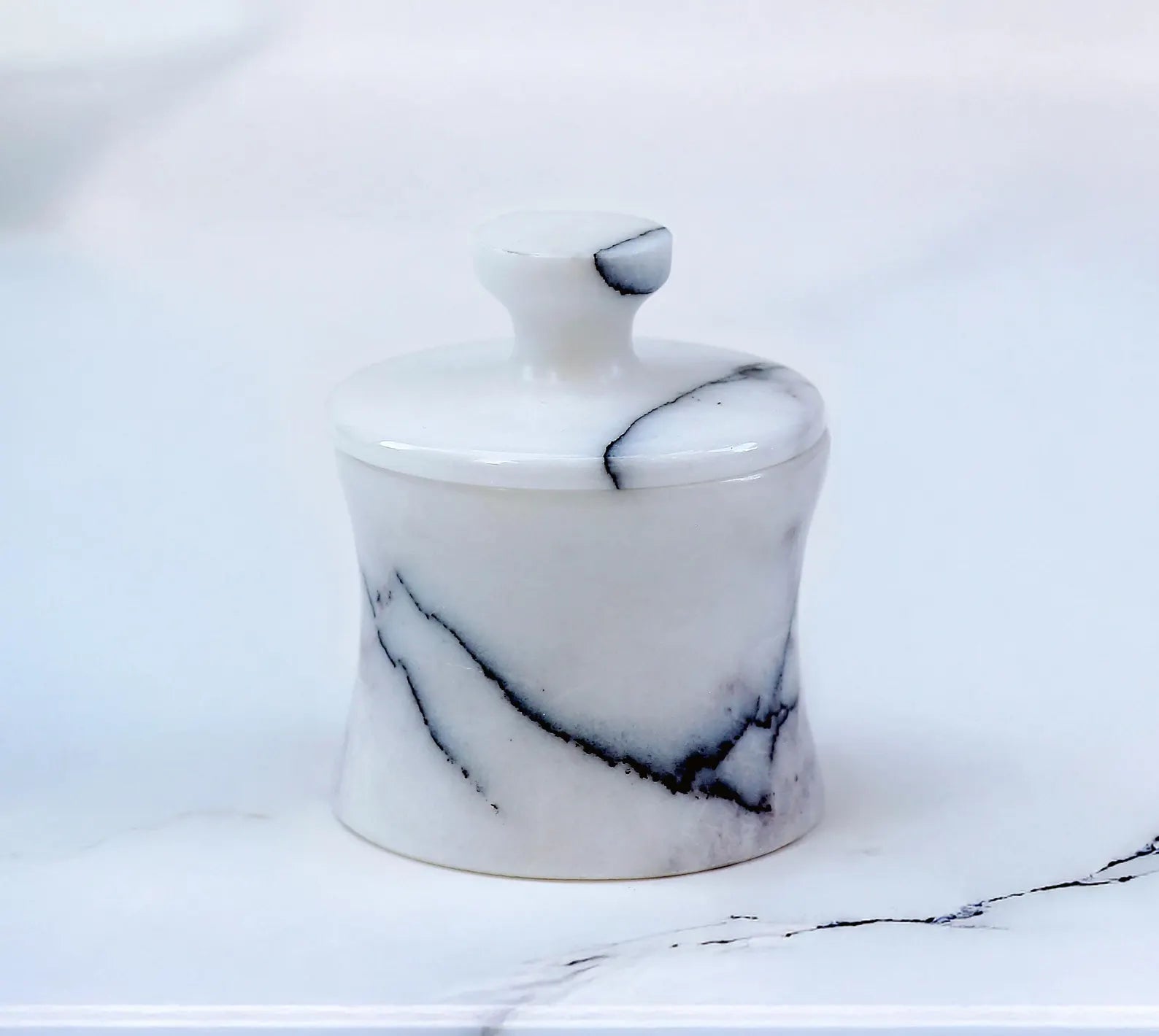CLEMENZA Veined White Marble Spice Jar with Lid – Handmade Marble Canister, Stone Salt Cellar – Compact Design | Ege Home Decor