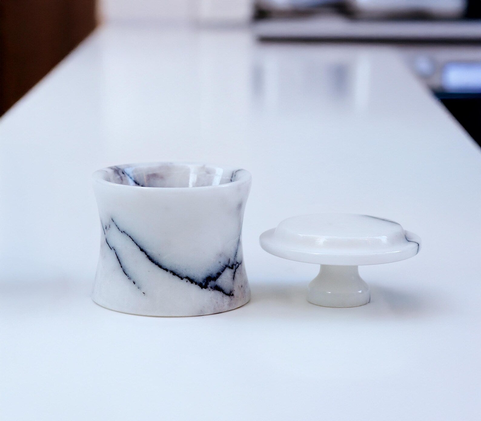 CLEMENZA Veined White Marble Spice Jar with Lid – Handmade Marble Canister, Stone Salt Cellar – Compact Design | Ege Home Decor